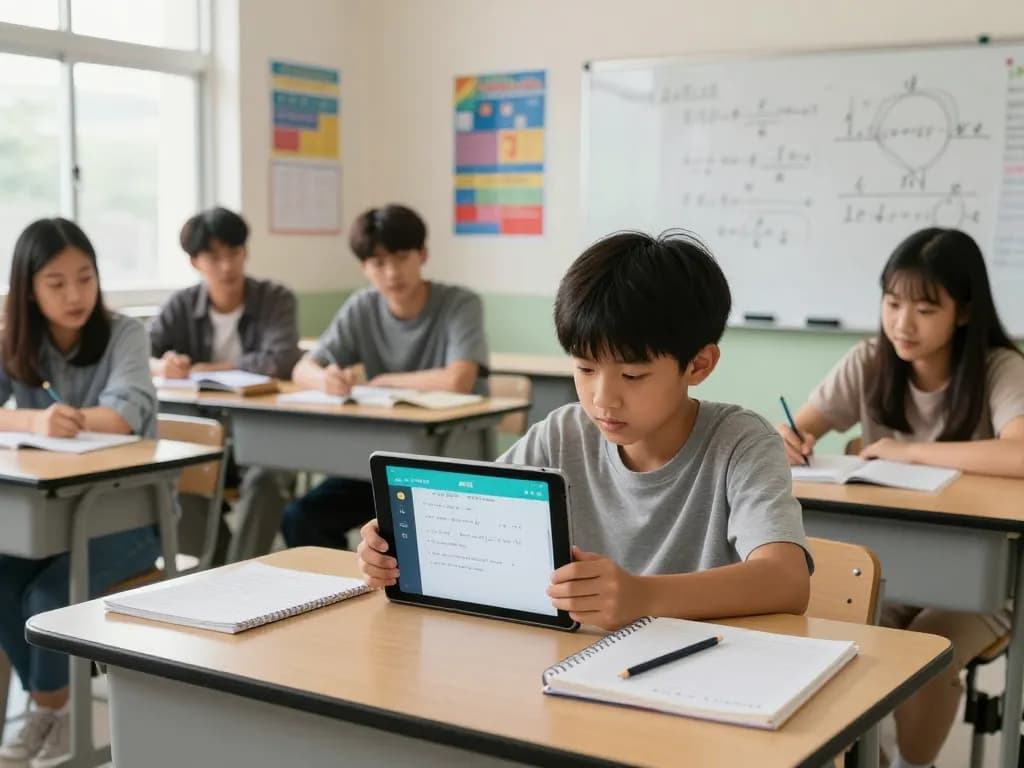 Schüler, der ein Hausaufgaben Löser Online-Tool auf einem Tablet in einem hellen Klassenzimmer nutzt