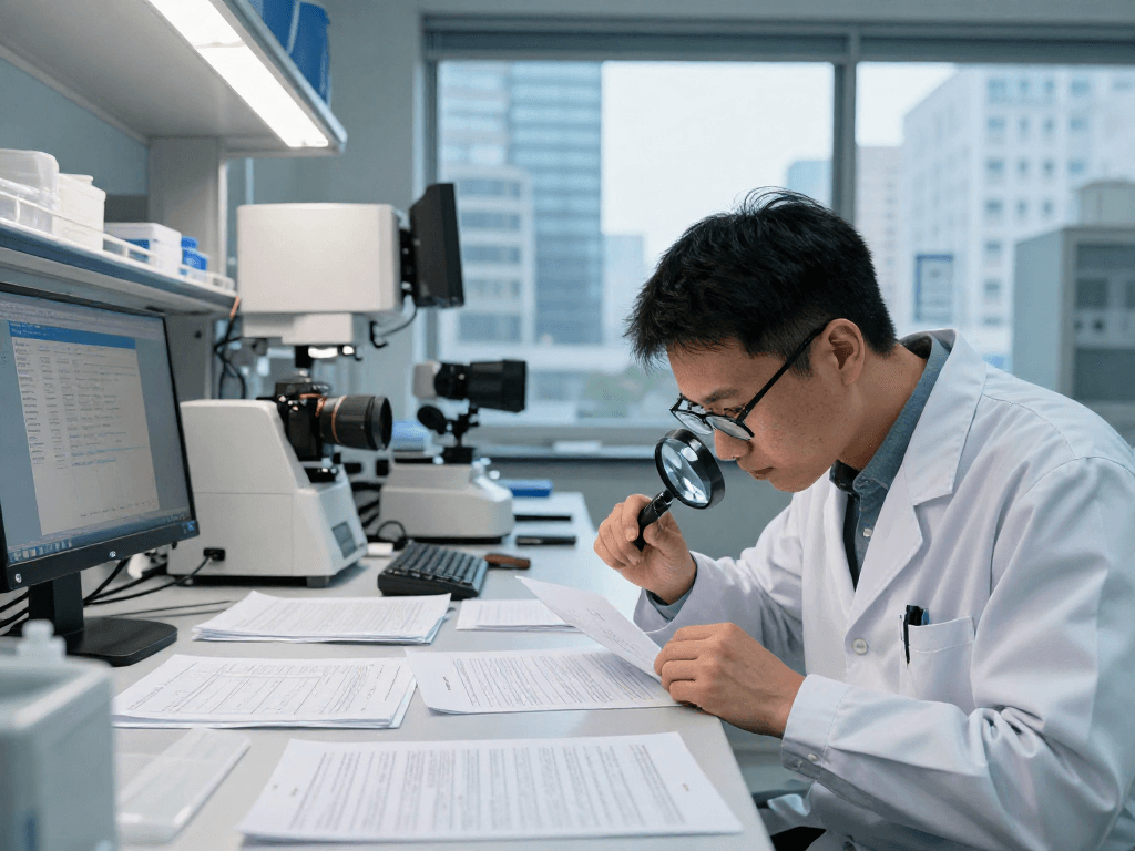 Forensic analyst conducting document fraud detection analysis with advanced equipment.