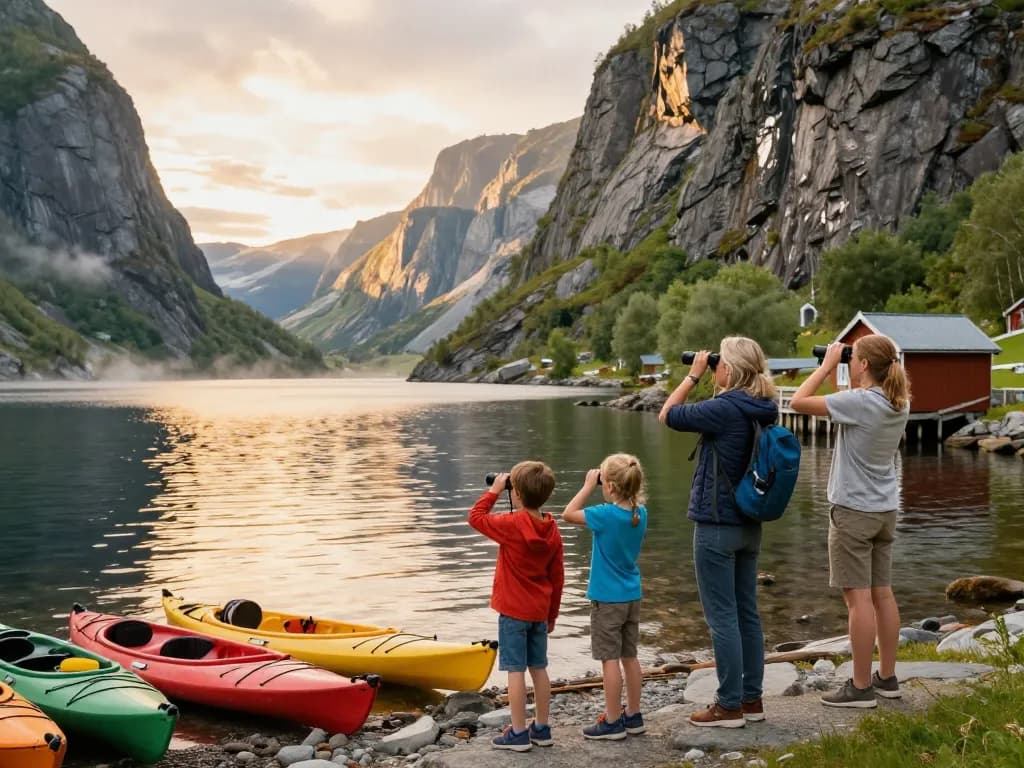 Familie genießt Reisetipps Skandinavien beim Erkunden eines atemberaubenden Fjords.