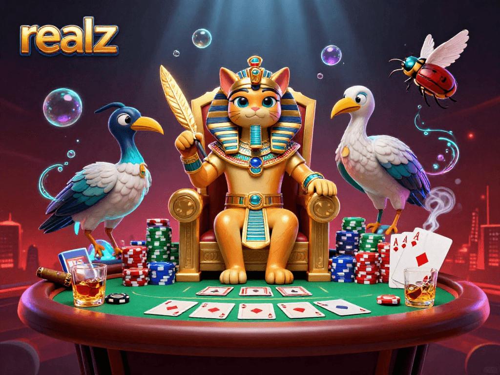Spielen Sie mit realz am Poker-Tisch, um Gewinne zu maximieren, während eine Pharao-Katze und ein Ibis begleiten.