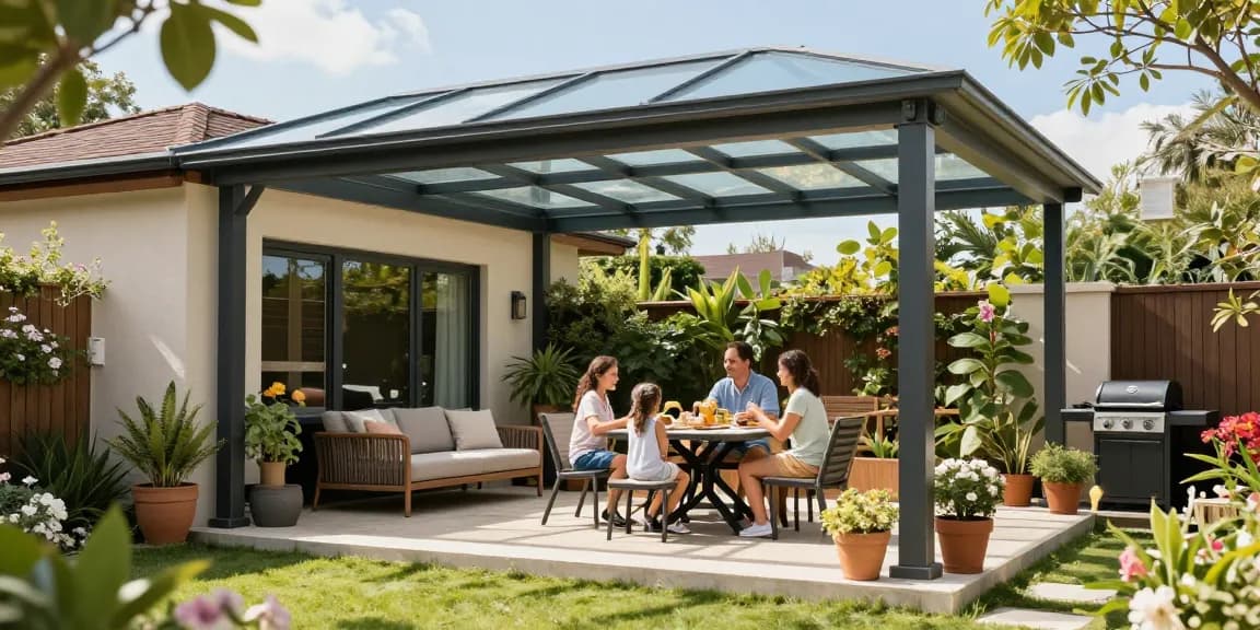 Terrassenüberdachung freistehend mit Familie in sonnigem Garten.