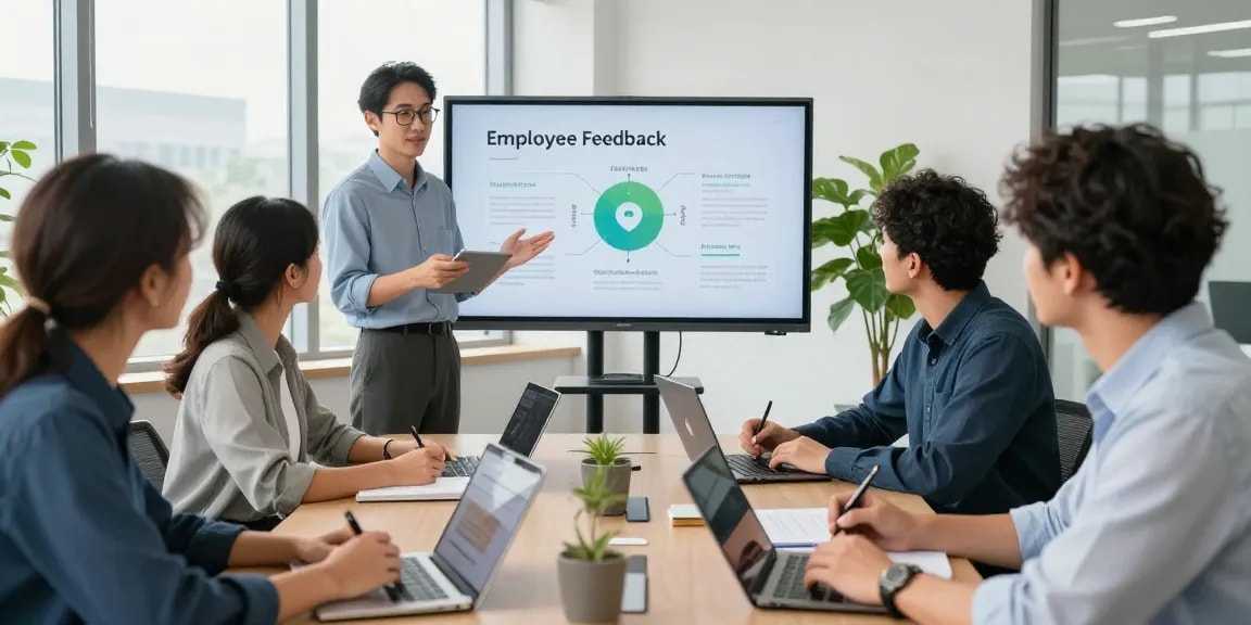 Team arbeitet gemeinsam an der Feedback Kultur Arbeit in einem modernen Büro, präsentiert wichtige Führungserkenntnisse.