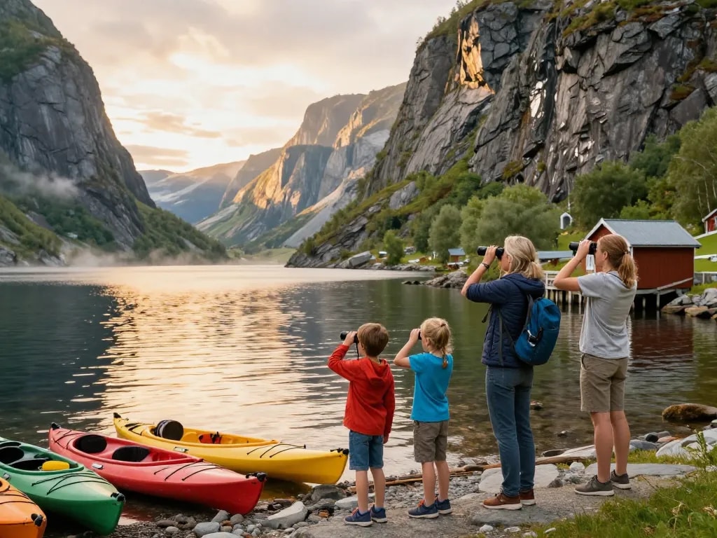 Familie genießt Reisetipps Skandinavien beim Erkunden eines atemberaubenden Fjords.