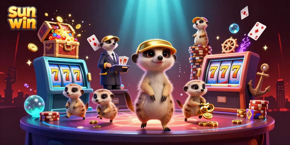 Win big at sun win with lively meerkats managing a casino amidst vibrant slot action.