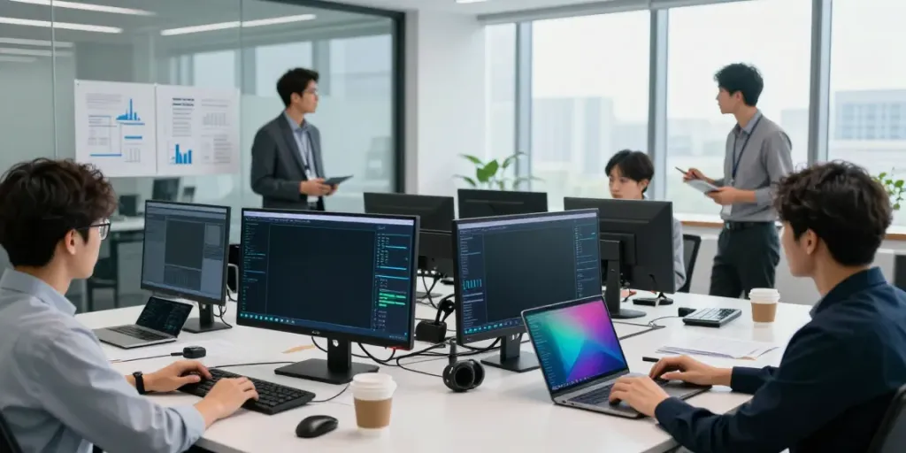 IT-Sicherheit Frankfurt: Fachleute analysieren Datensicherheit in modernem Büro.