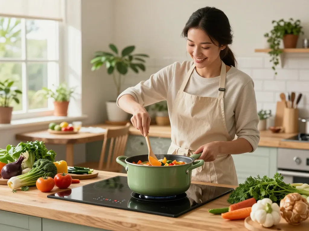 Der beste Induktionstopf zum Kochen köstlicher Gerichte mit frischen Zutaten und einer gemütlichen Küchenatmosphäre.