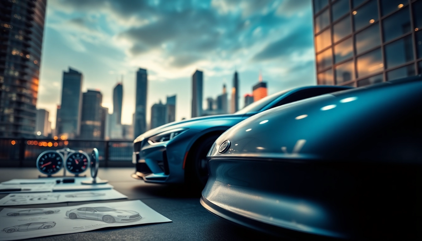 Auto Kufen präsentieren sich dynamisch neben modernem Stadtszenario.