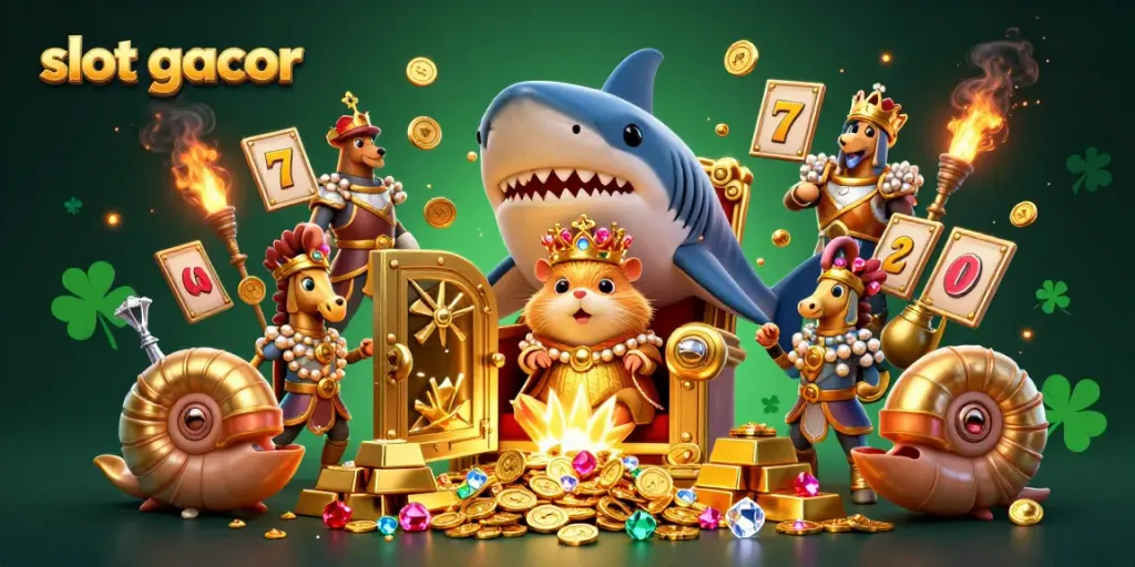 Experience slot gacor thrills with a tiny hamster king on his megalodon throne amidst treasure and dynamic gaming elements.