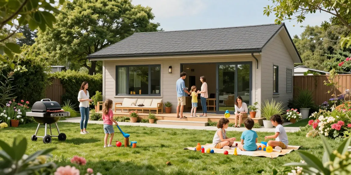 Gartenhaus kaufen: Moderne Gartenhäuser mit Familie im Sommergarten erleben