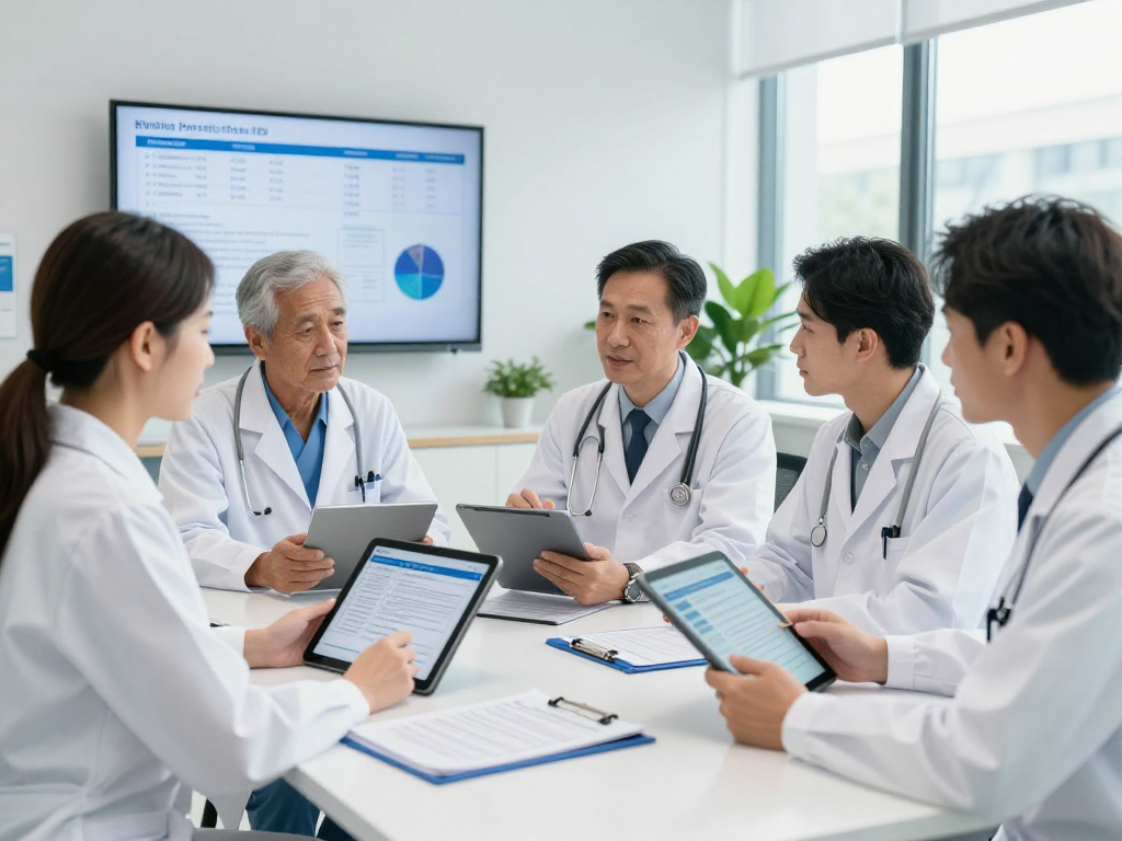 Healthcare professionals discussing Datenschutz und Barrierefreiheit in Gesundheitswesen Arzt.