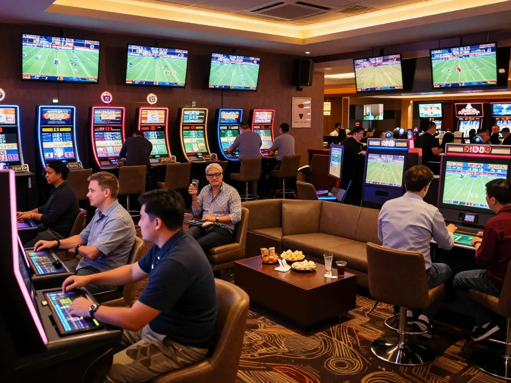 Engaging sports betting scene showcasing TG88 in action with bettors analyzing odds and placing wagers.
