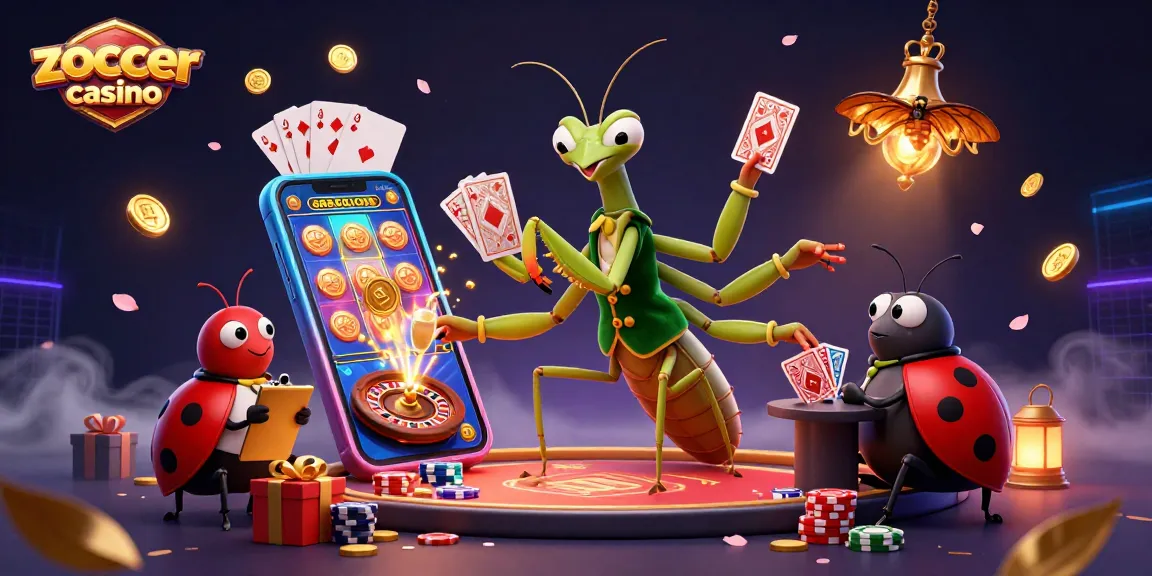 Zoccer casino brings excitement as a giant praying mantis card sharp deals cards among vibrant game elements.
