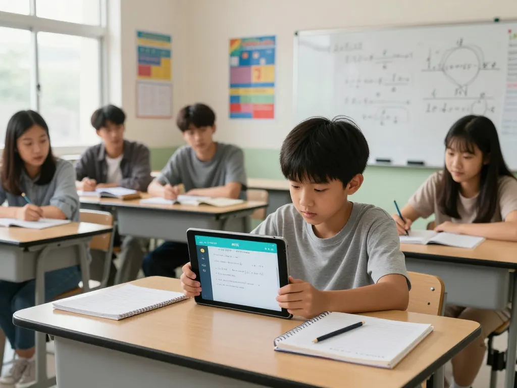 Schüler, der ein Hausaufgaben Löser Online-Tool auf einem Tablet in einem hellen Klassenzimmer nutzt