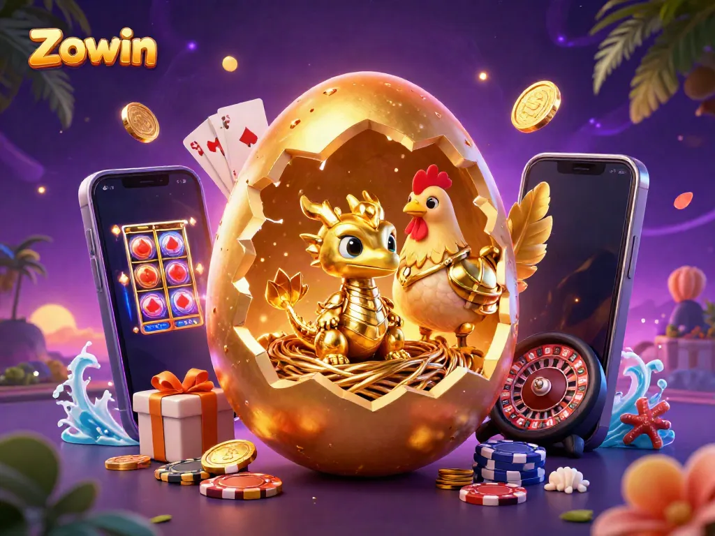 Zowin brings vibrant gaming experiences with a golden dragon, poker chips, and slot game excitement.