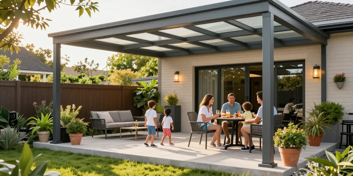 Gemütliche Terrasse mit modernen Terrassenüberdachungen, glückliche Familie genießt den Nachmittag im Freien.