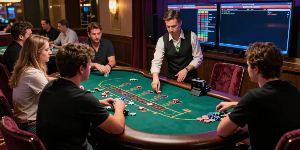 Experience the lively atmosphere of the gaming environment at https://iwinnk.jp.net/ with players at a blackjack table.