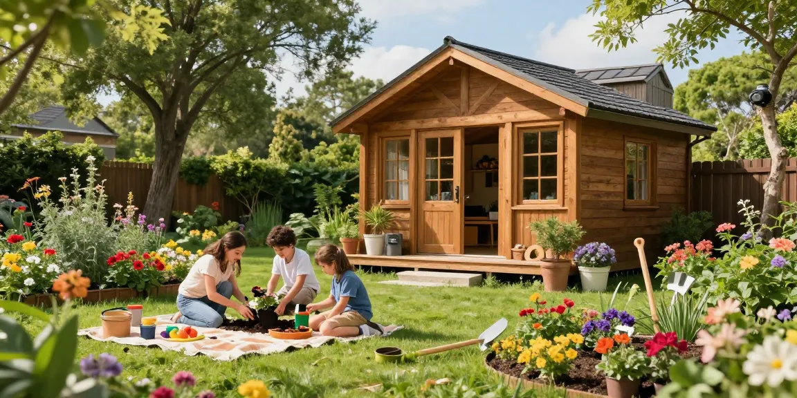 Schönes Gartenhaus im Grünen mit Familie, die Blumen pflanzt und die Natur genießt - Garten Haus