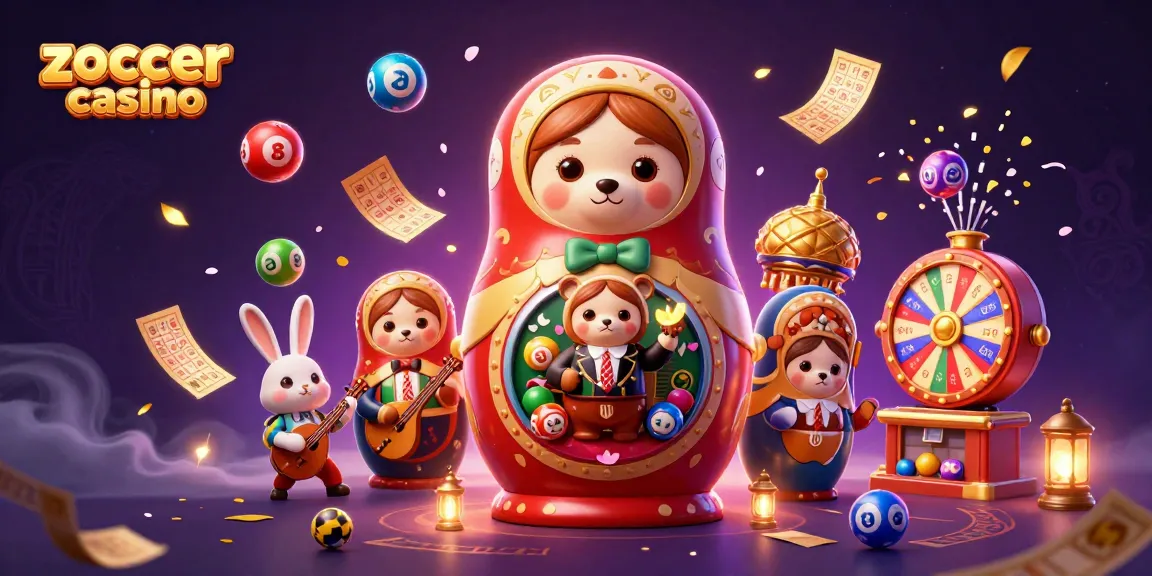 Zoccer casino vibrant scene featuring a Matryoshka bear and casino elements, celebrating gaming joy.