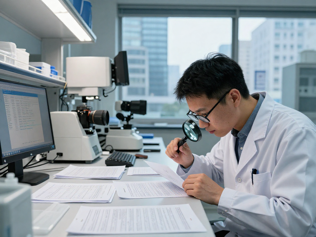 Forensic analyst conducting document fraud detection analysis with advanced equipment.