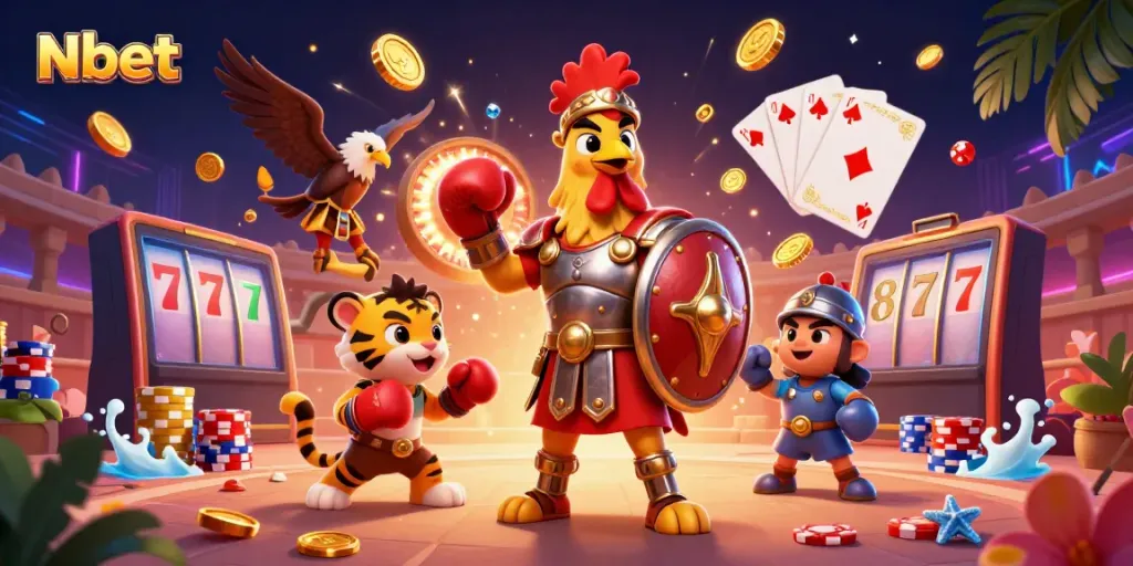 Experience Nbet with a vibrant scene of a gladiator rooster in a casino arena, surrounded by exciting game elements.
