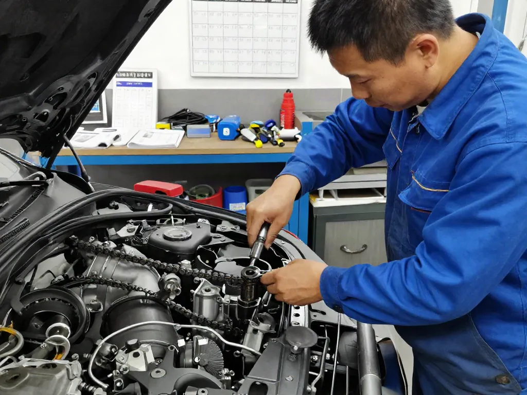 Mechaniker wechselt die Steuerkette eines BMW in einer Werkstatt mit Werkzeug und Autoteilen.