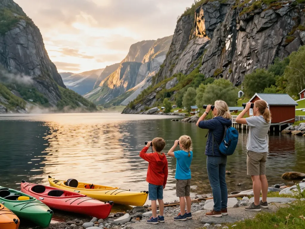 Familie genießt Reisetipps Skandinavien beim Erkunden eines atemberaubenden Fjords.
