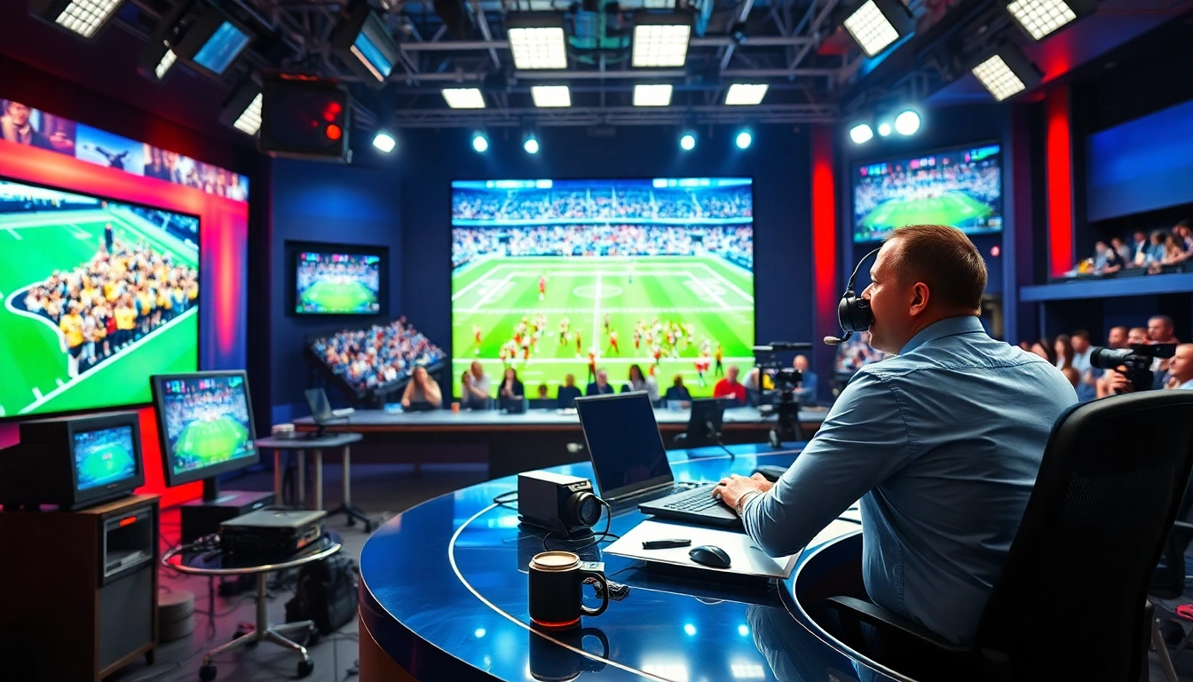 Engaging sports broadcasting host in a lively studio setting, representing Sports Broadcasting.