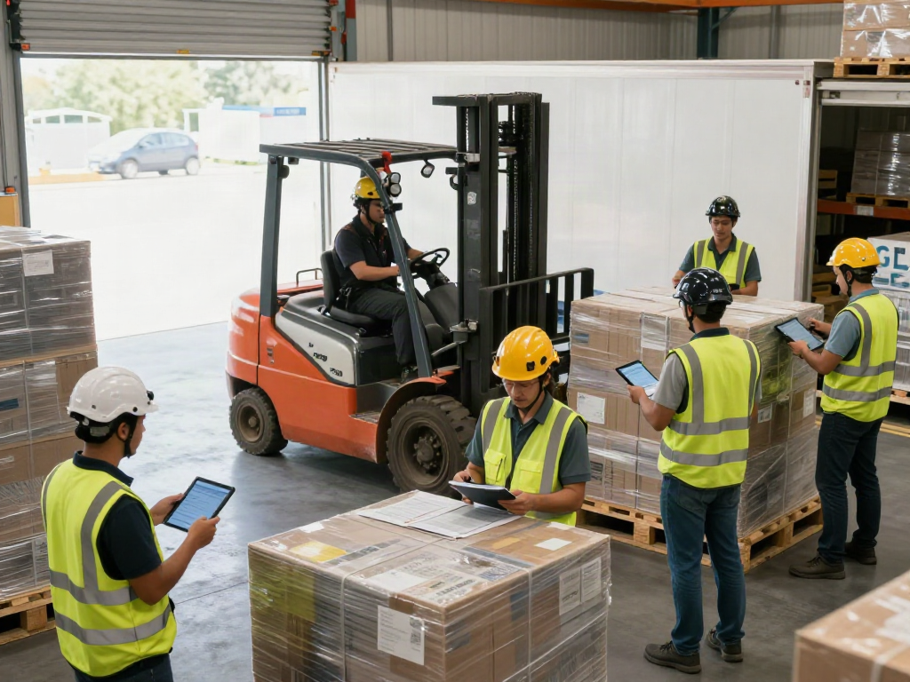 Logistik-Szene mit Team in einem modernen Lager, das für die Speditionsfirma in Bielefeld arbeitet.