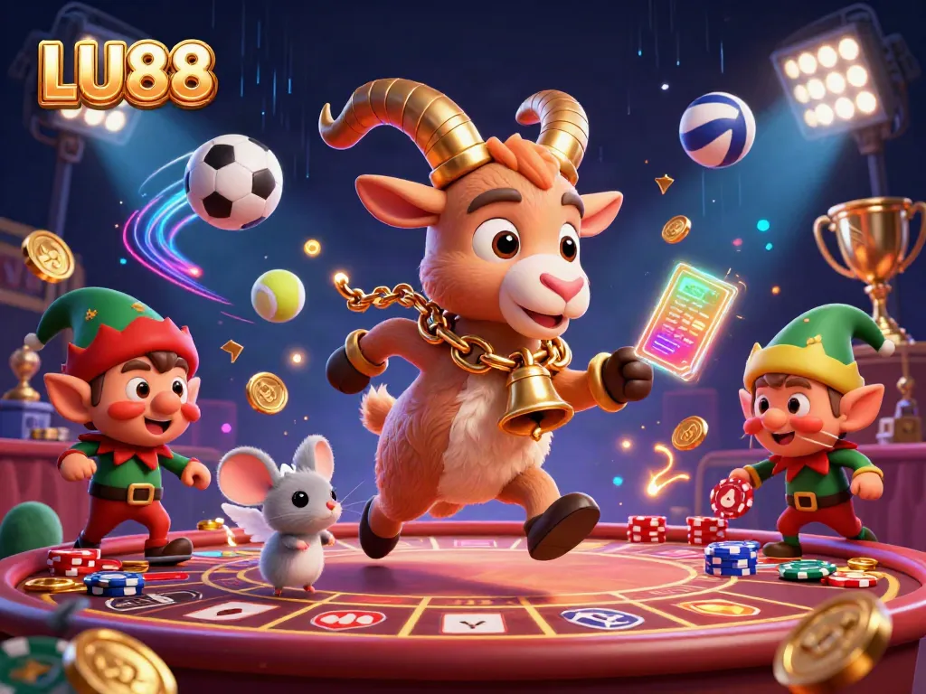 LU88 casino scene featuring a Krampus goat and elf gremlins in action, stealing poker chips.