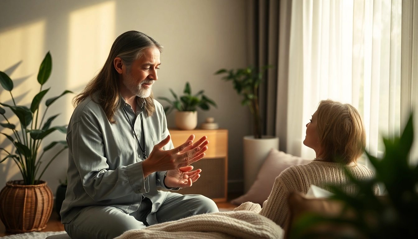 Reinkarnationstherapie in einer ruhigen Therapiesitzung mit professionellem Therapeuten und Klienten.