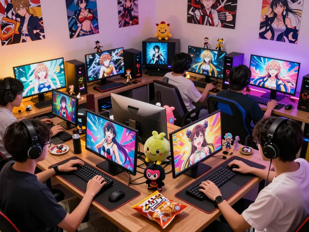 Engaged players enjoying hentai games in a colorful anime gaming environment