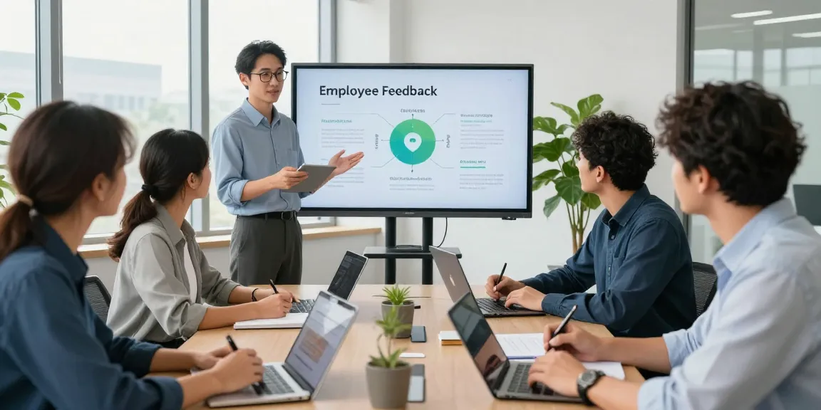 Team arbeitet gemeinsam an der Feedback Kultur Arbeit in einem modernen Büro, präsentiert wichtige Führungserkenntnisse.