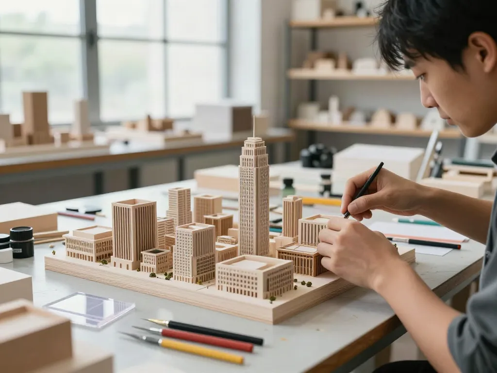 Detailaufnahme einer Architekturmodellbau-Werkstatt mit handgefertigten Modellen und kreativen Werkzeugen für Architekturmodellbau in der Schweiz.