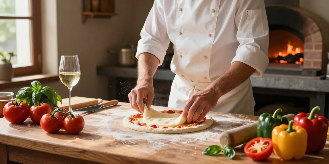 pg soft - Chef making authentic pizza in a warm Italian kitchen with fresh ingredients.