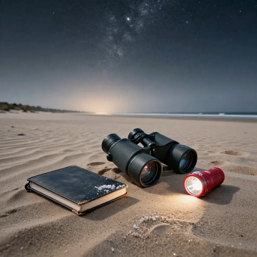 Astro-Setup mit Fernglas, Notizbuch und roter Lampe auf einer Sandbank unter Andromeda.