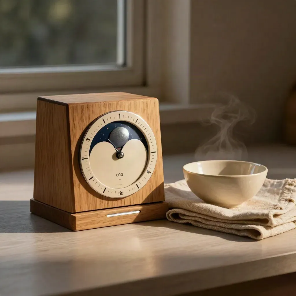 Mondphasen-Kalender aus Holz neben Schale und Leinen im warmen Fensterlicht.