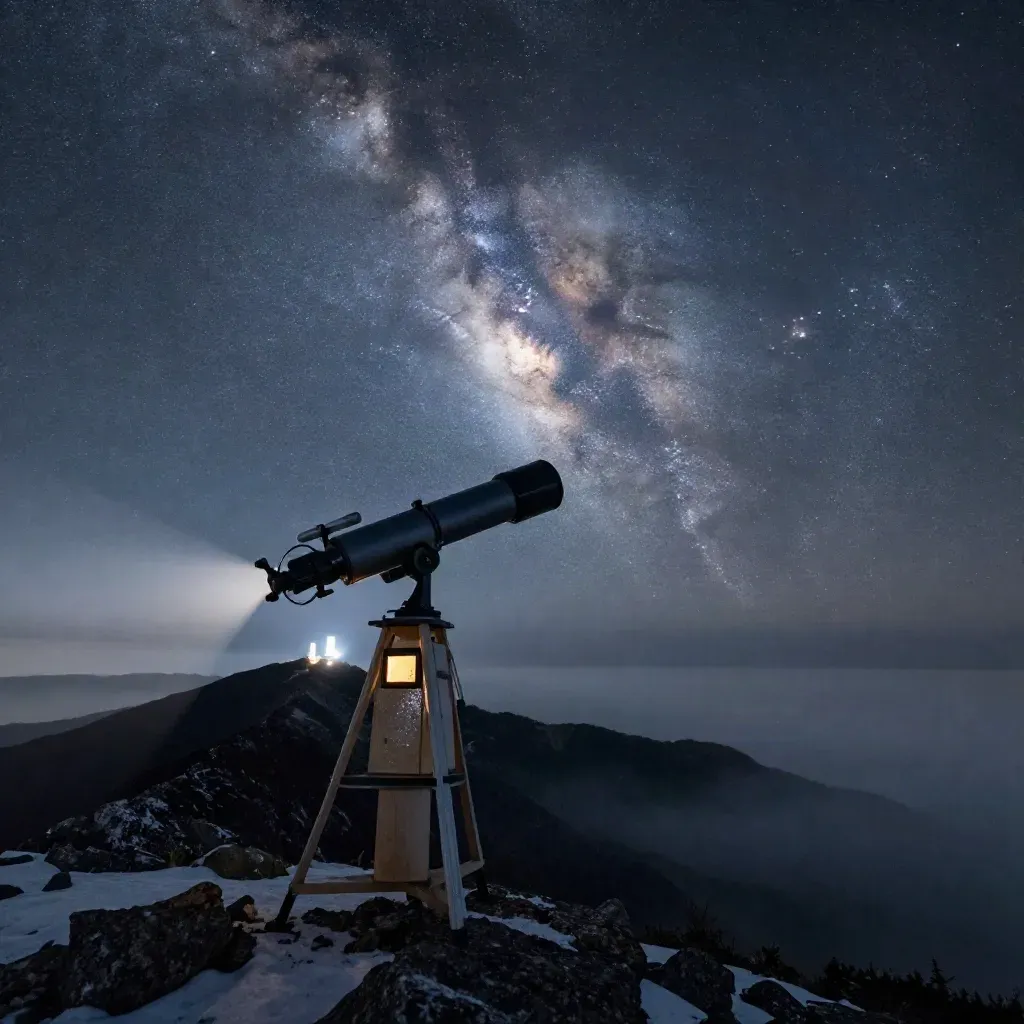 Andromeda über dunklem Bergrücken mit geöffnetem Dobson-Teleskop und Sternenhimmel bei Nacht.