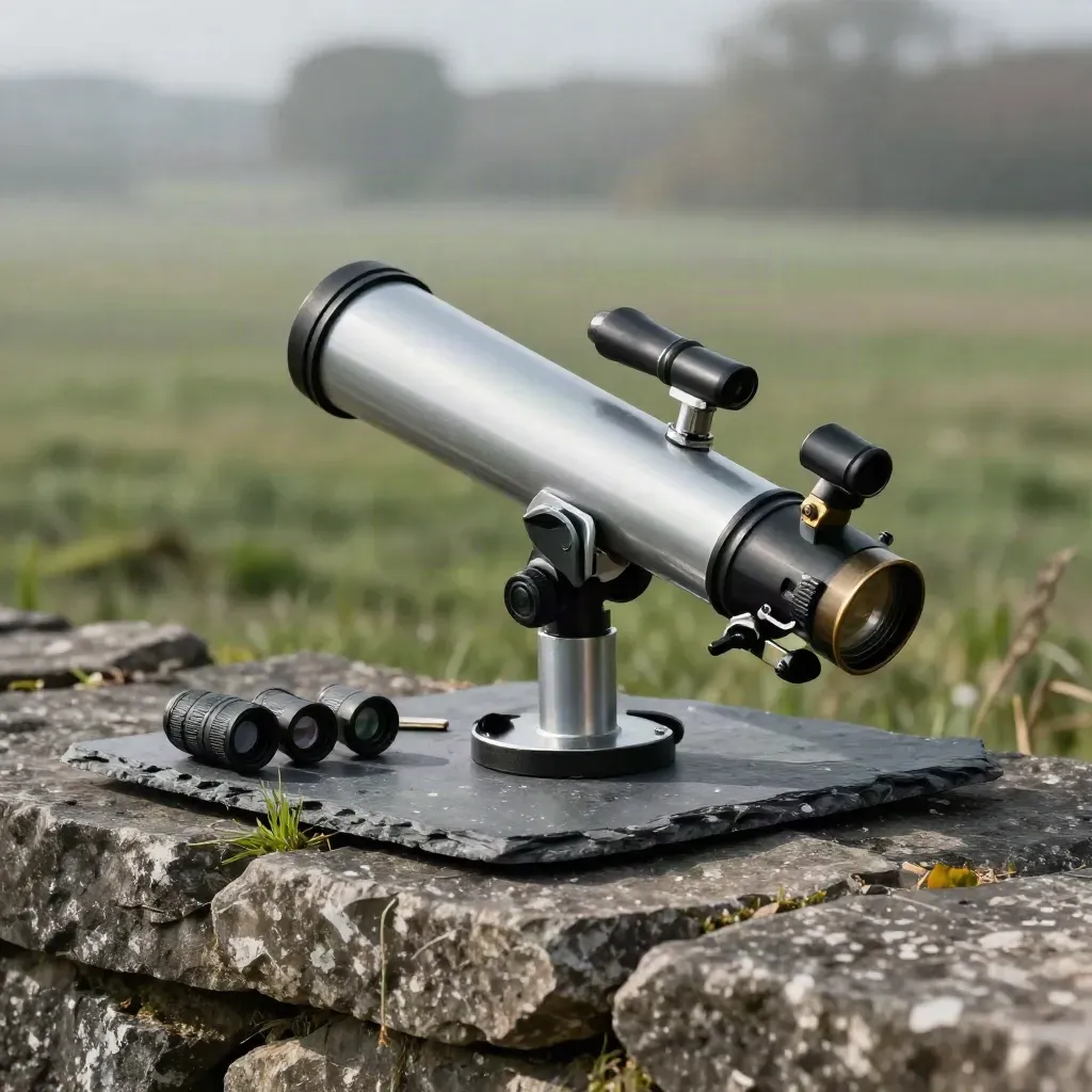 Kleines Einsteiger-Teleskop auf einer Steinmauer im Abendlicht mit feuchten Gräsern