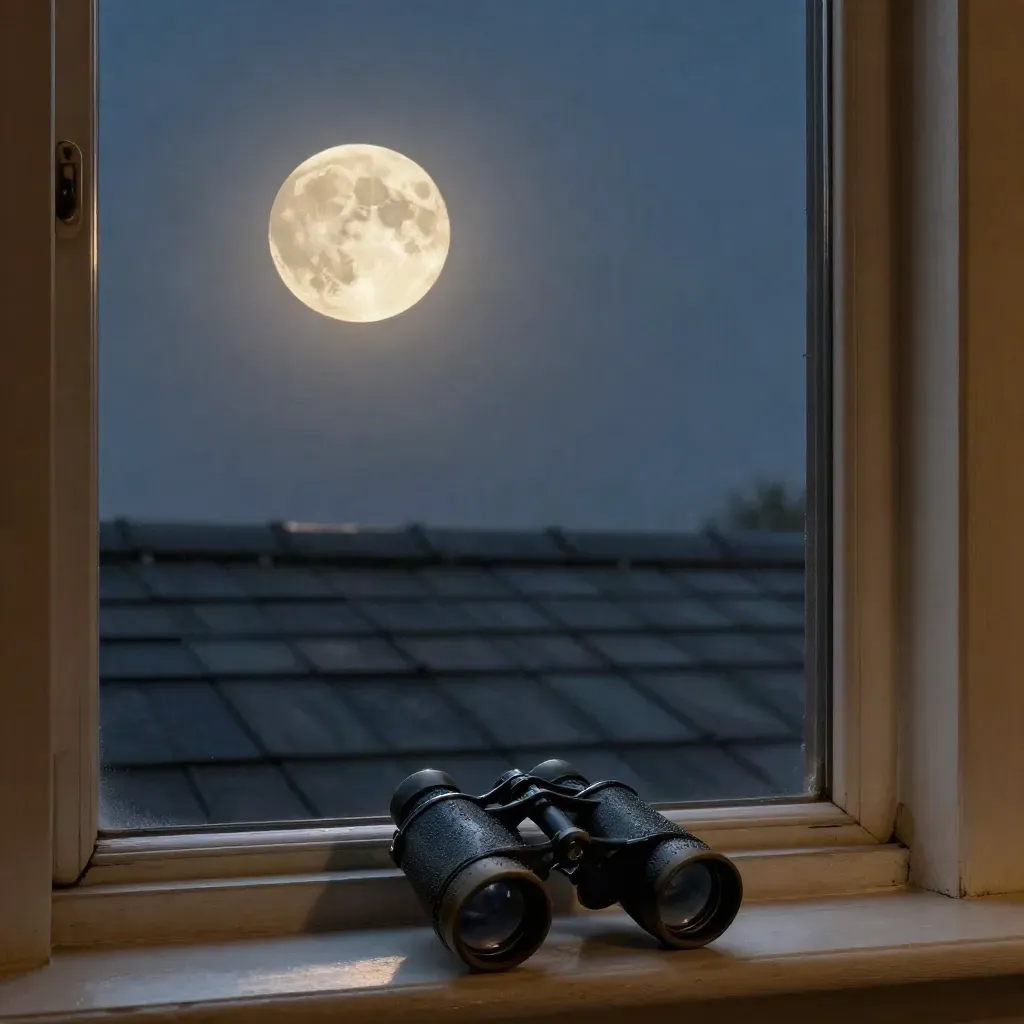Mond über Dächern, Fernglas am Fenster, klarer Winterdunst