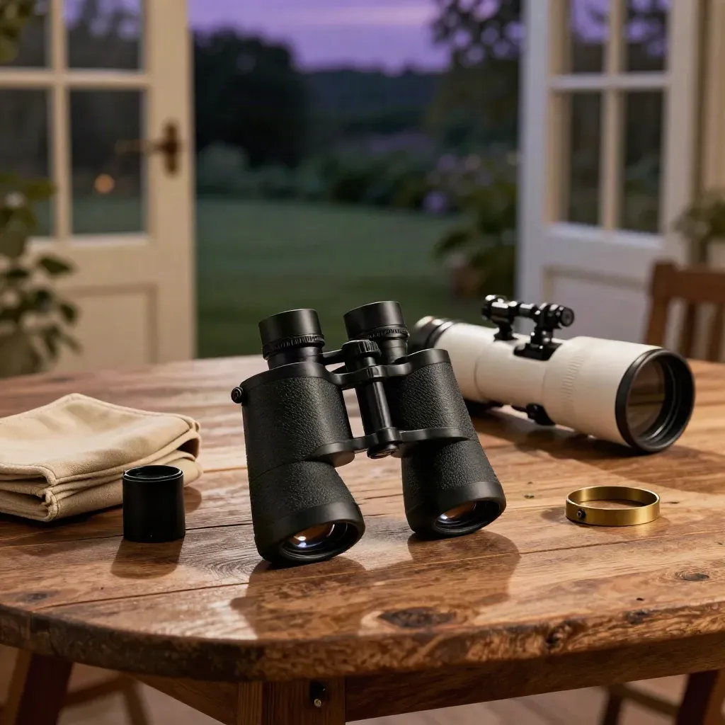 Fernglas und Einsteigerteleskop auf Holztisch an offener Gartentür im Abendlicht