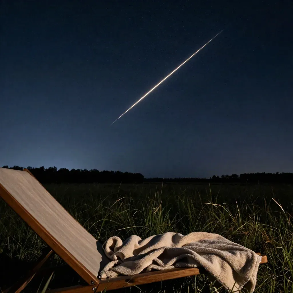 Perseidenmeteor über Feld mit Liege, Decke und dunkler Baumlinie in einer Sommernacht.