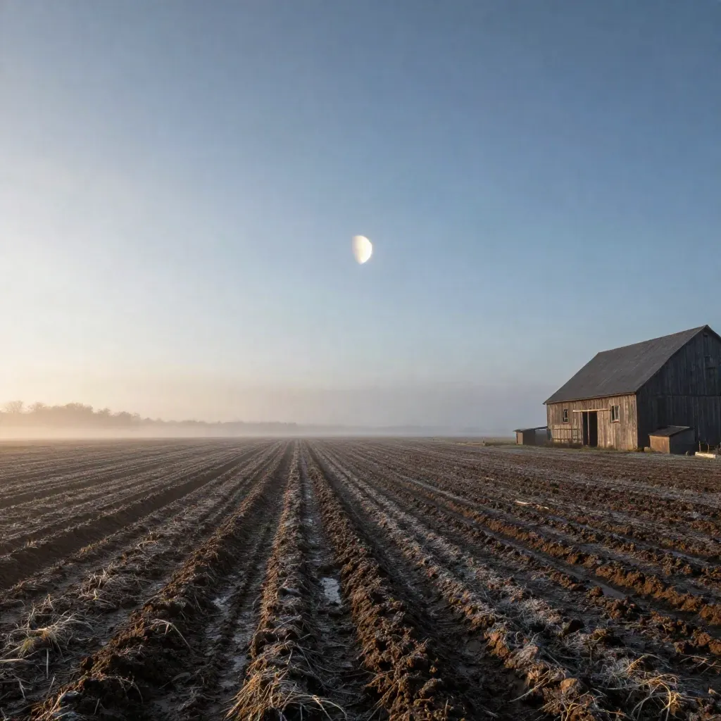 Venus und Jupiter über feuchtem Acker, Nebel, dunkle Scheune und heller Morgenhimmel