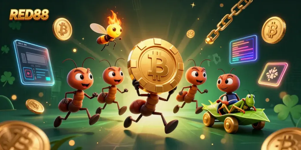 Join the adventure at RED88, where a team of ants carries a giant poker chip through a glowing crypto tunnel.