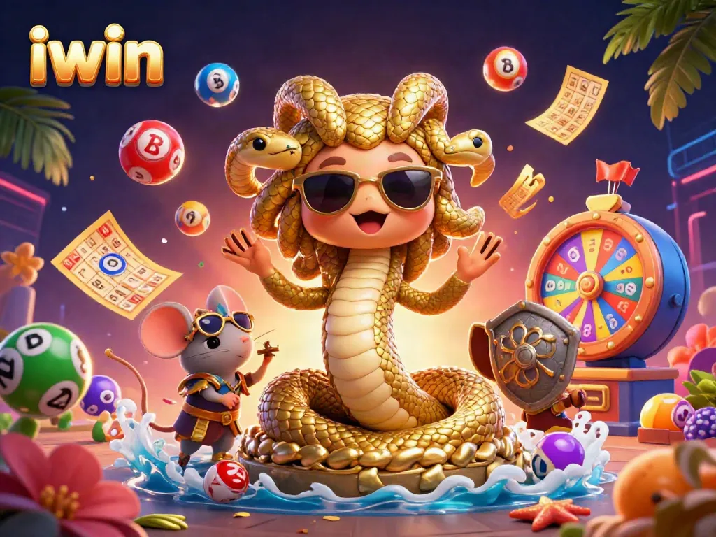 Win exciting lottery prizes with iwin in a vibrant 3D casino scene featuring dynamic games.