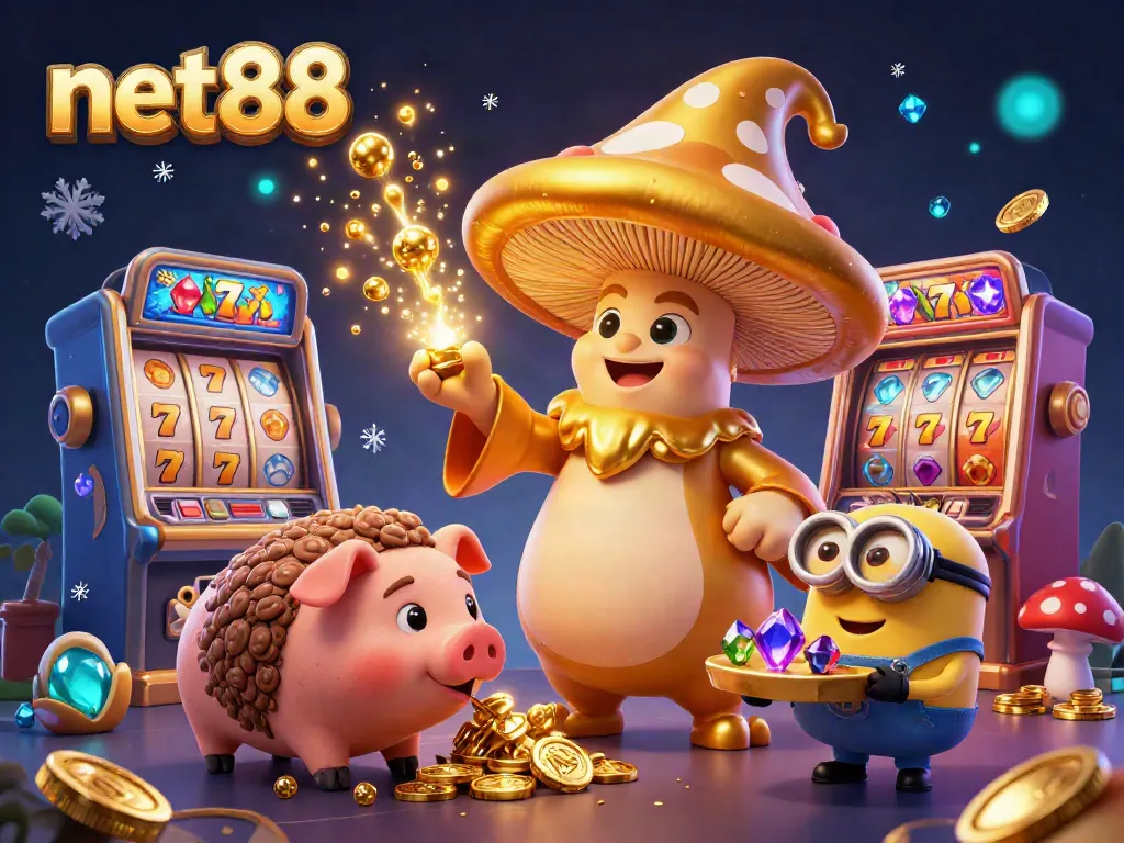Experience the magic of net88 with a golden wizard, treasure, and vibrant casino elements.