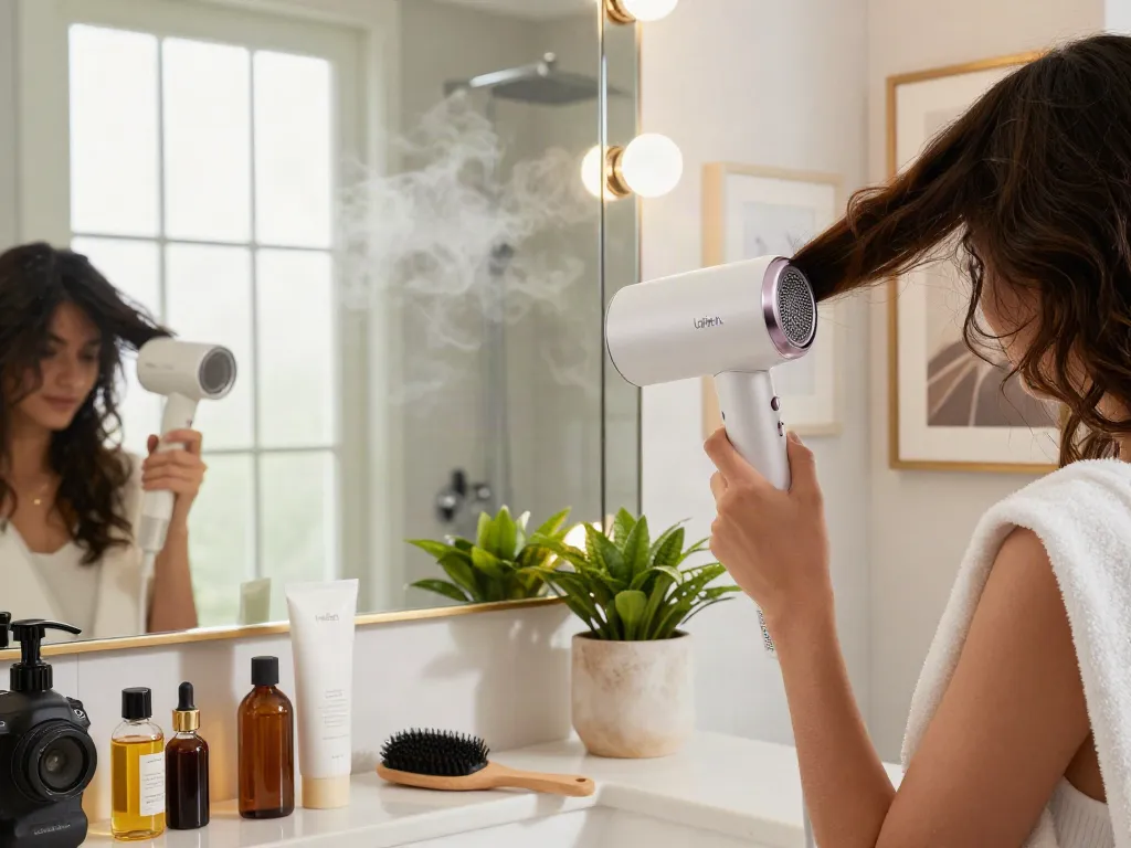 Laifen Haartrockner in stilvollem Badezimmer, Person trocknet Haare mit elegantem Styling.