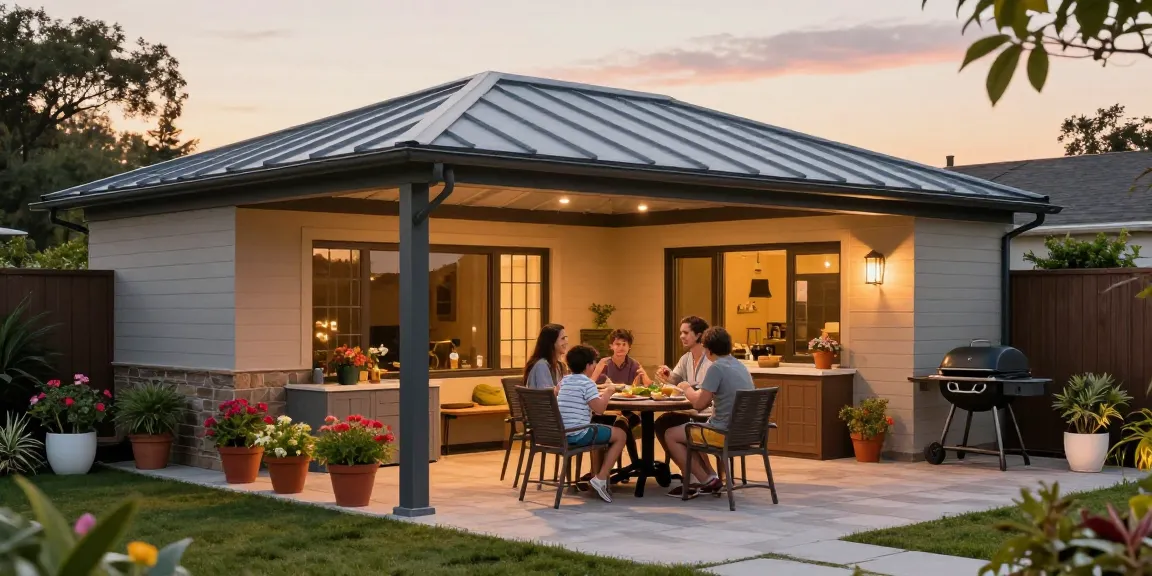 Moderne Terrassenüberdachung mit einer Familie im Garten, die das Abendessen genießt.