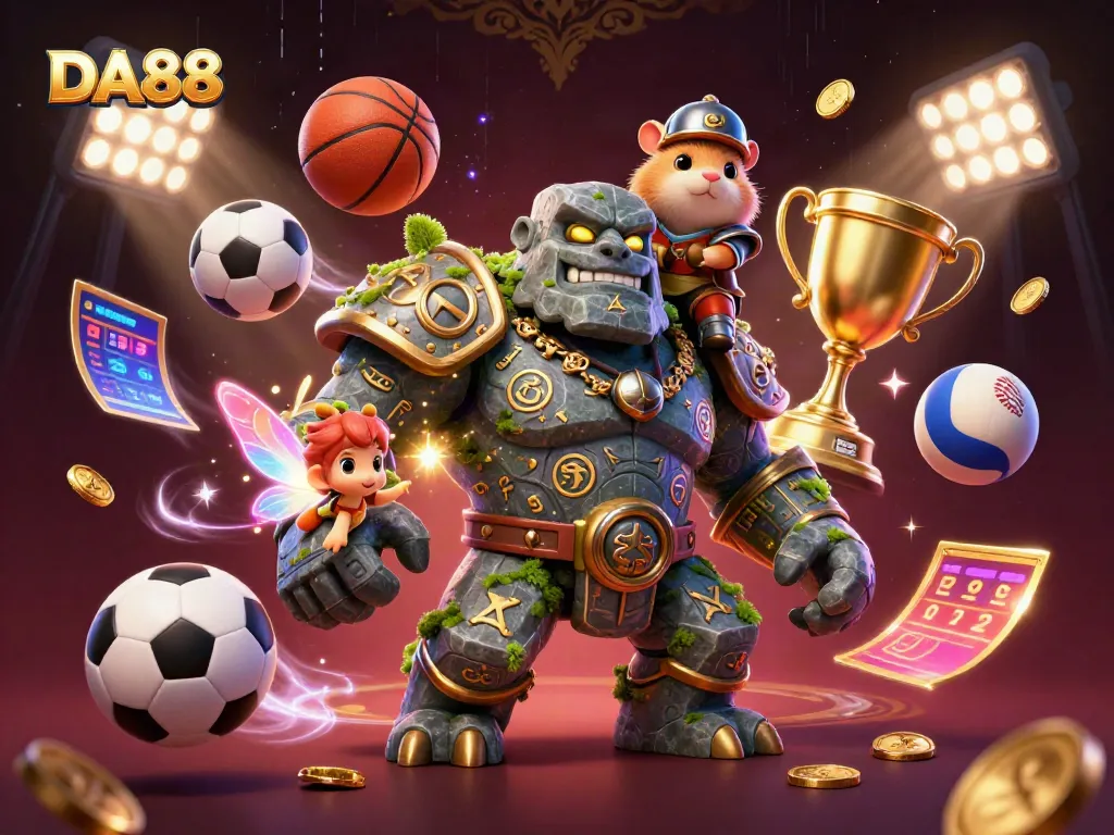 Join the excitement at DA88, with a mystical golem and hamster knight in a vibrant casino scene.