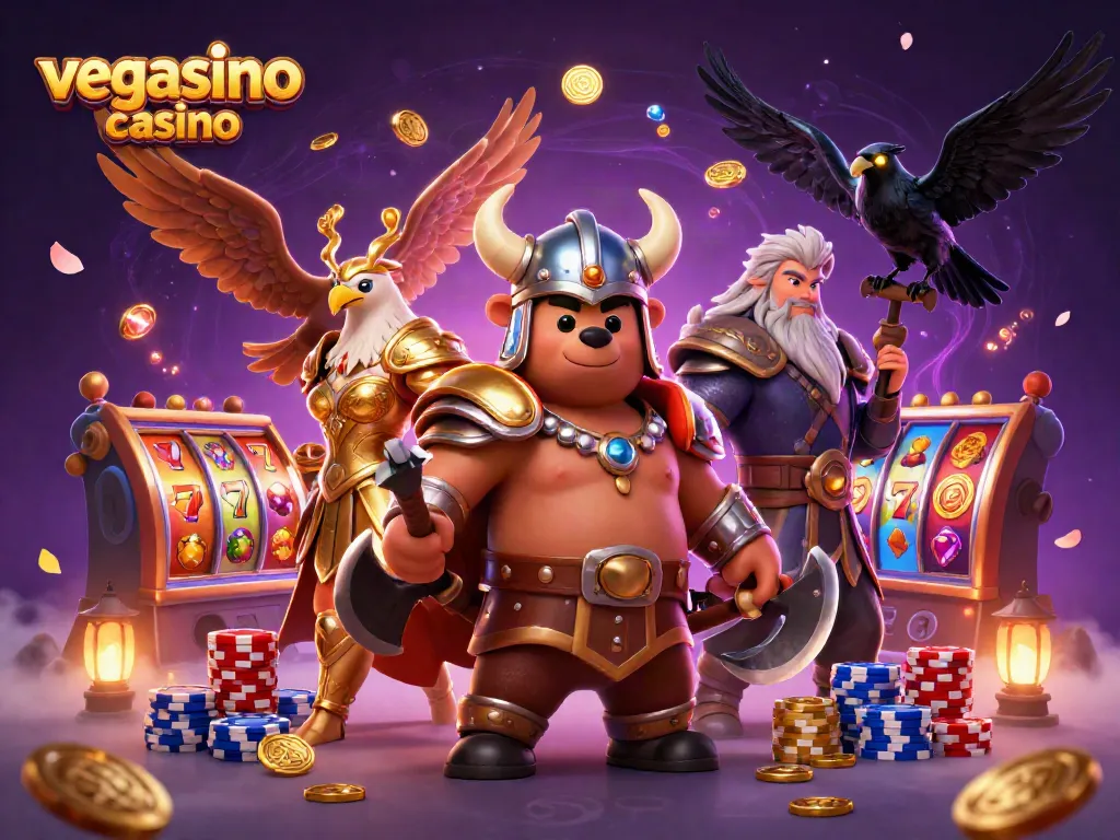 Experience the thrill of vegasino casino with a vibrant 3D illustration of exciting games and characters.