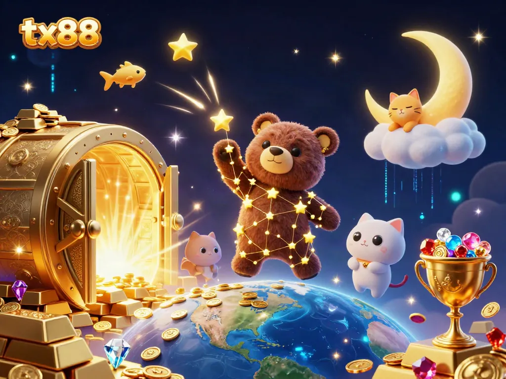 Experience the thrill of gaming at TX88 with golden stars, coins, and dynamic casino elements.